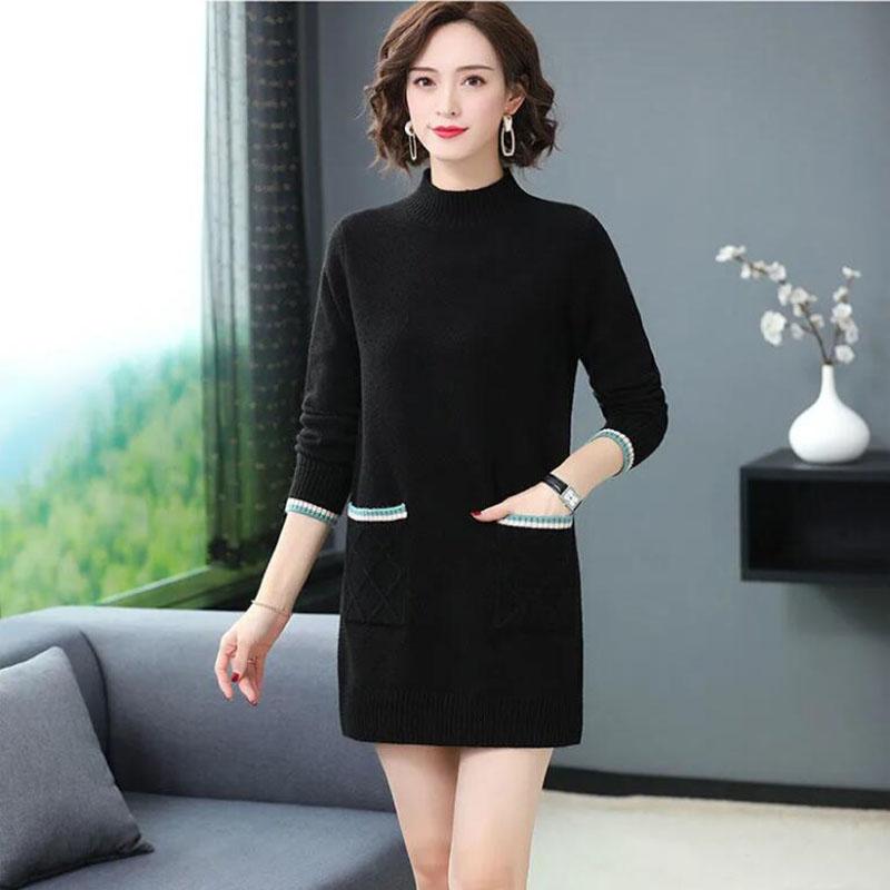 Autumn Winter High Quality pullover Sweater Dress Women Knit Dress thick Long Sweater Dress with Pockets  Outer Wear