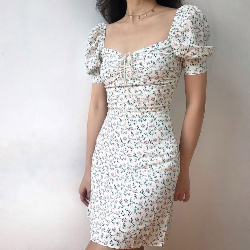 Spring Summer Chiffon Floral Short Skirt Women French Style Retro Square Neck Lace Puff Sleeve Waist Dress Boho