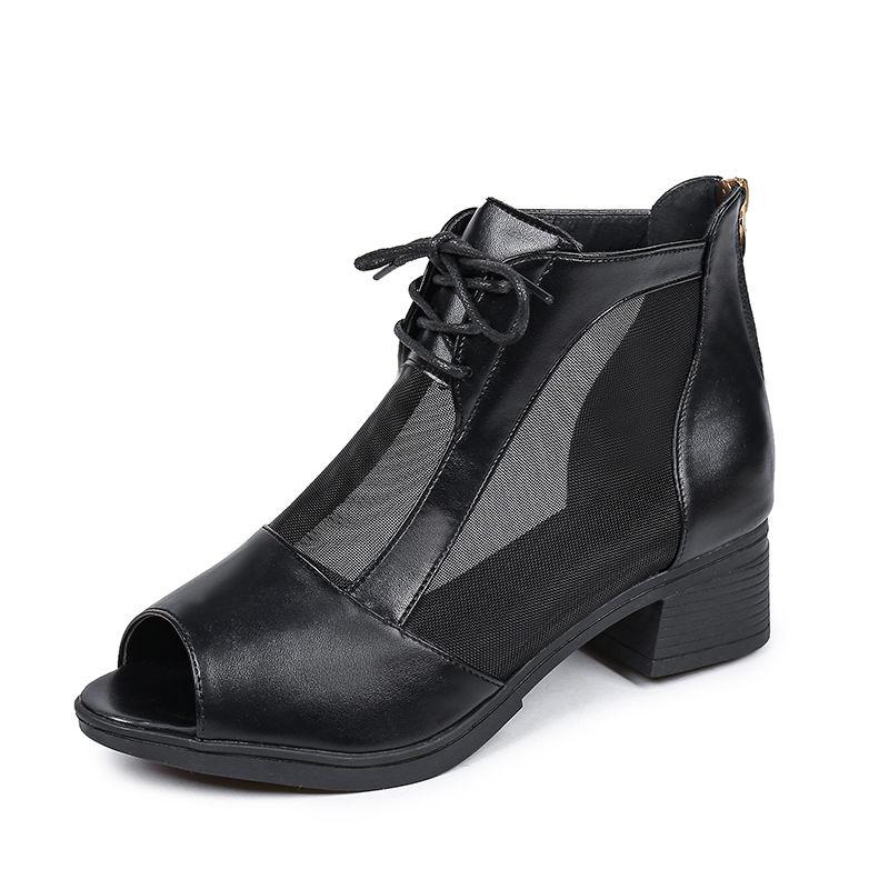 Sandals Women's Mid-heel Mesh Thick-heeled High-heeled Shoes Women's Fish Mouth Black Low-heeled Sandals