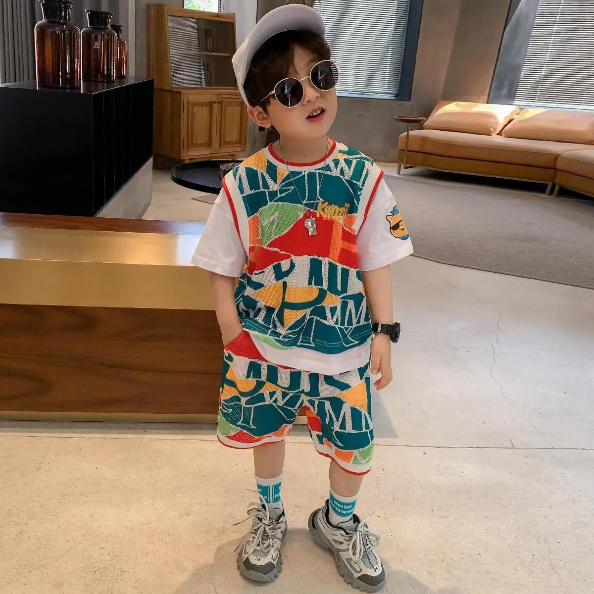 Kids Boys Clothes Boy Summer Clothing Sets Short Sleeves Print Tops Shirt+Flower Shorts Suits Children Clothing
