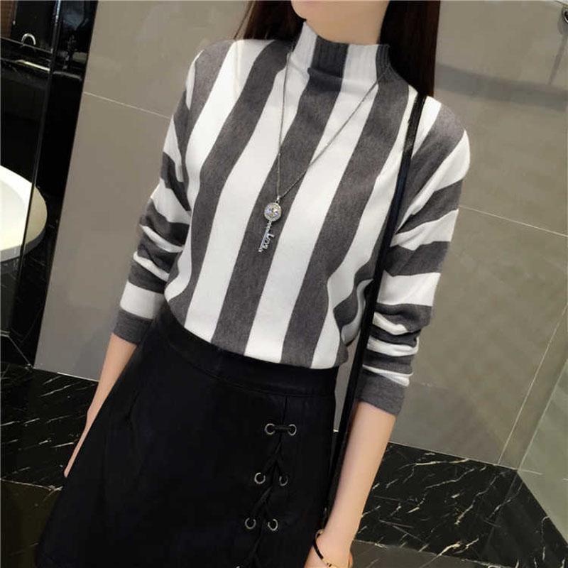 Rainbow Stripe Sweater Contrast Knitted Pullover Long Sleeve Turtleneck Knitwear Slim Women Jumper