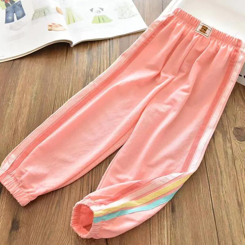 Girls' Ice Silk Cotton Rainbow Striped Casual Mosquito Pants Big Children's Baby Thin Sports Trousers Summer