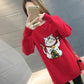 Autumn and Winter Mid-length Loose Sweater Is Thin Knitted Fashion Sweater Dress Long Sleeve Lucky Cat Pattern Female Sweater Dress