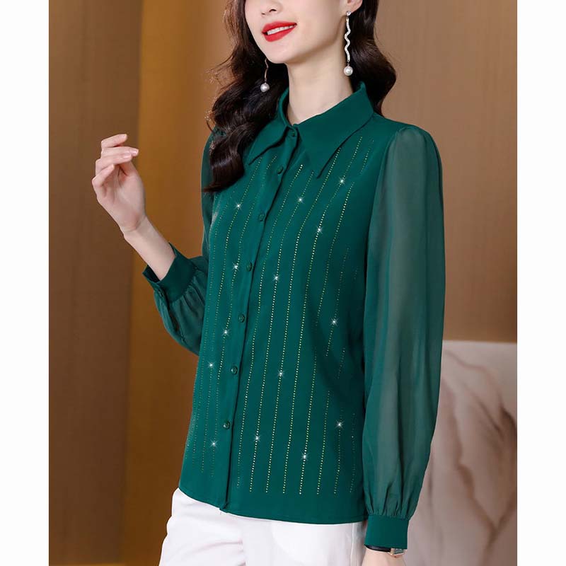 Rhinestone Chiffon Shirt Women's Long-sleeved Shirts Spring and Autumn Solid Color Lapel Mesh Blouse Temperament Button Up Lantern Sleeves Casual Tops