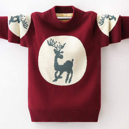 Boys Sweater Pullover Fall Winter Round Neck Sweater Middle and Large Children's Cotton Base Warm Sweater