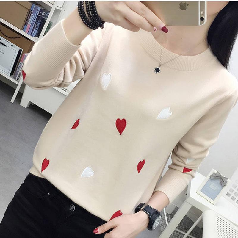 Pofulove Women Knitted Turtleneck Sweater Solid  Embroidered Heart Streetwear Pullovers  Female Tops