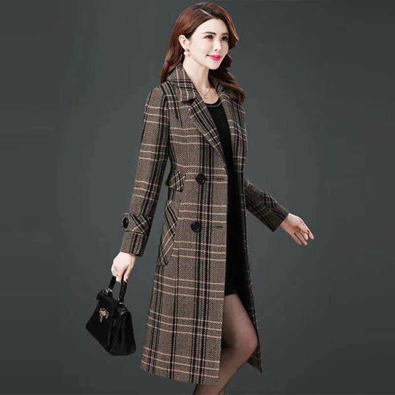 Woolen Coat Women's Mid-length Autumn and Winter Long Over-the-knee Thickened Warm Houndstooth Plaid Woolen Coat