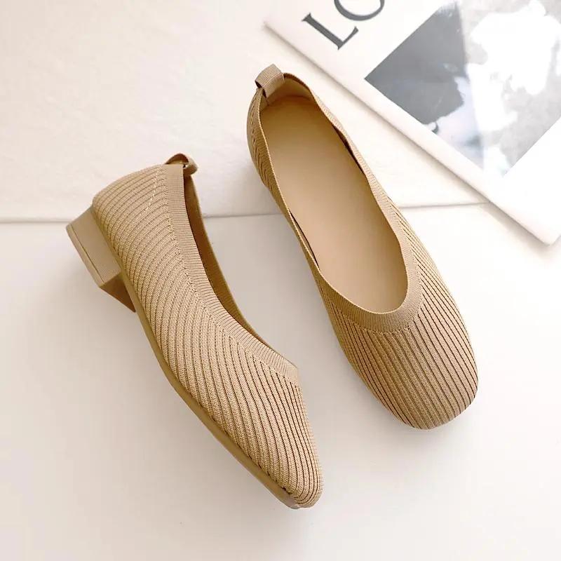 Knitted Flat Shoes Women's Spring Korean All-match Square Toe Peas Shoes Shallow Mouth Square Toe Knitted Single Shoes Slip on Breathable Granny Shoes