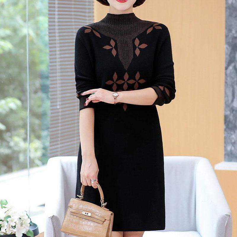 Autumn and Winter Mid-length Plus Size Dress Casual Knitted Simple Bottoming Skirt Elegant Jacquard Middle-aged Women Sweater Dress