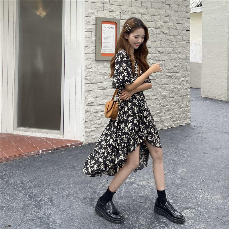French Retro Floral Skirt Summer Mid-length Skirt Temperament High-level Sense of Short-sleeved Dress Women