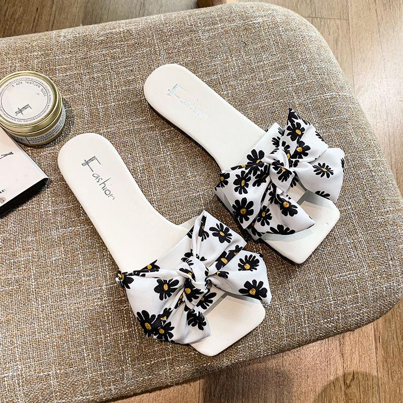 WTEMPO Slippers Women Printed Bow Square Head Flat  Indoor Non-slip  Flip Flop Beach Bedroom Home  Go Out