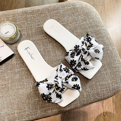 WTEMPO Slippers Women Printed Bow Square Head Flat  Indoor Non-slip  Flip Flop Beach Bedroom Home  Go Out