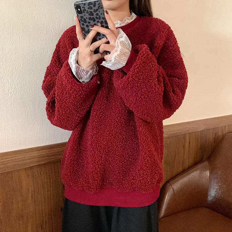Pofulove Plus Velvet Thickened Lamb Sweater Sweater Women Loose Coat Winter Fake Two Lace Christmas