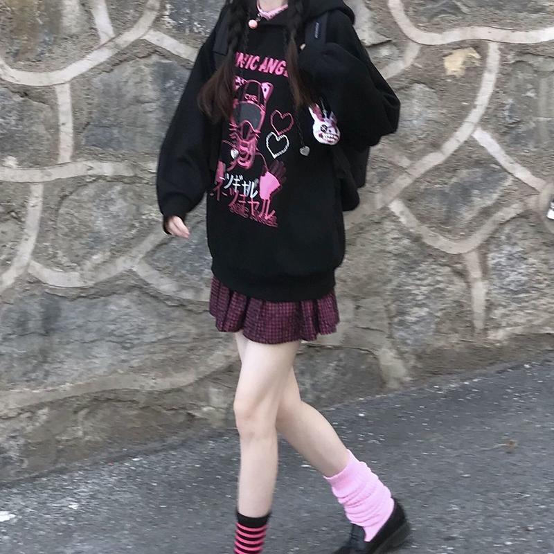 Women Fashion Sweatshirt Punk Gothic Hoodies Japanese Anime Pullovers Black Oversize Y2K Girl Sweatshirts Graffiti Hipster Streetwear Hip Hop Hoodies