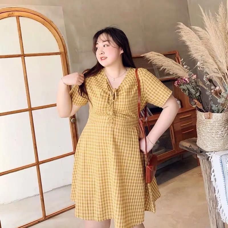Plaid Dress Women's Cotton linen Summer Short Sleeve V-Neck Knee-length Dress Daily Wear Office Party