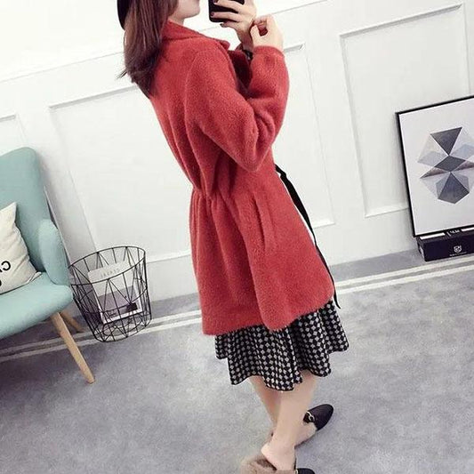 Autumn and Winter Mohair Coat Slim Thicker Loose Plus Cotton Top Women's Coat Cardigan Coat Knitted Sweater Mid-length Belt Coat Women