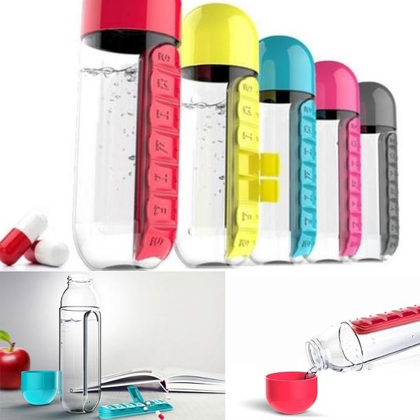 Portable Pill Box Organizer With Water Bottle Compartments