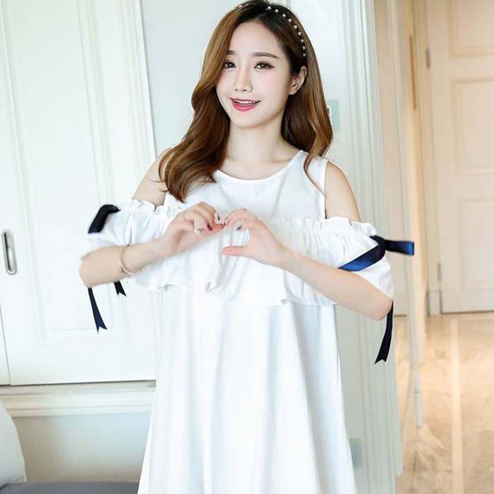 Pofulove Women Solid Color Off Shoulder Shirt Dress Office Lady Loose Thin Mid-length A-line Dress