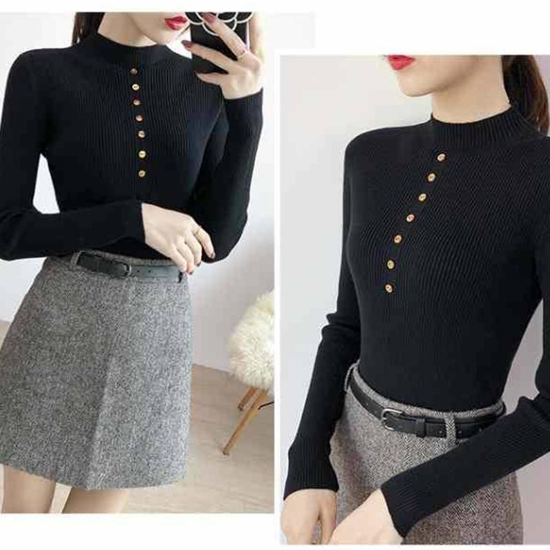 Women's sweaters with buttons long sleeve tight-fitting slim Turtleneck sweater warm winter