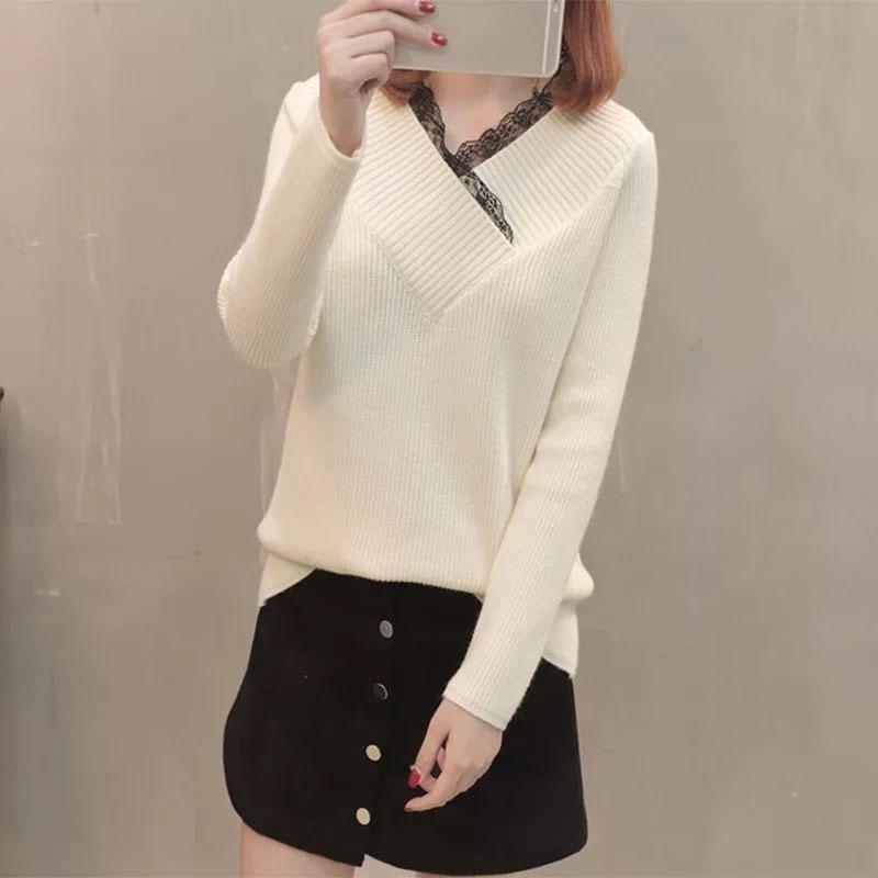 Autumn and Winter Lace V-neck Top Thickened Long-sleeved Knitted Sweater Loose and Versatile Women's Bottoming Shirt