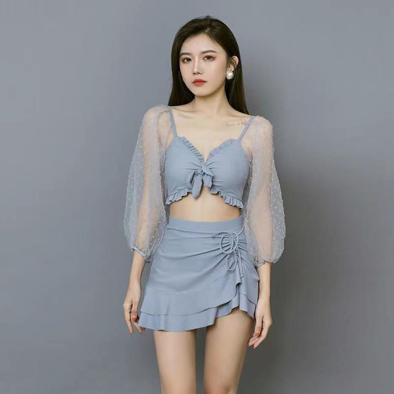 Lace Mesh Sleeve Swimsuit Women's One-Piece V-Neck Pleated Irregular Hem Beachwear Summer Sunscreen Cover Belly Slim One Piece Large Size Swimwear