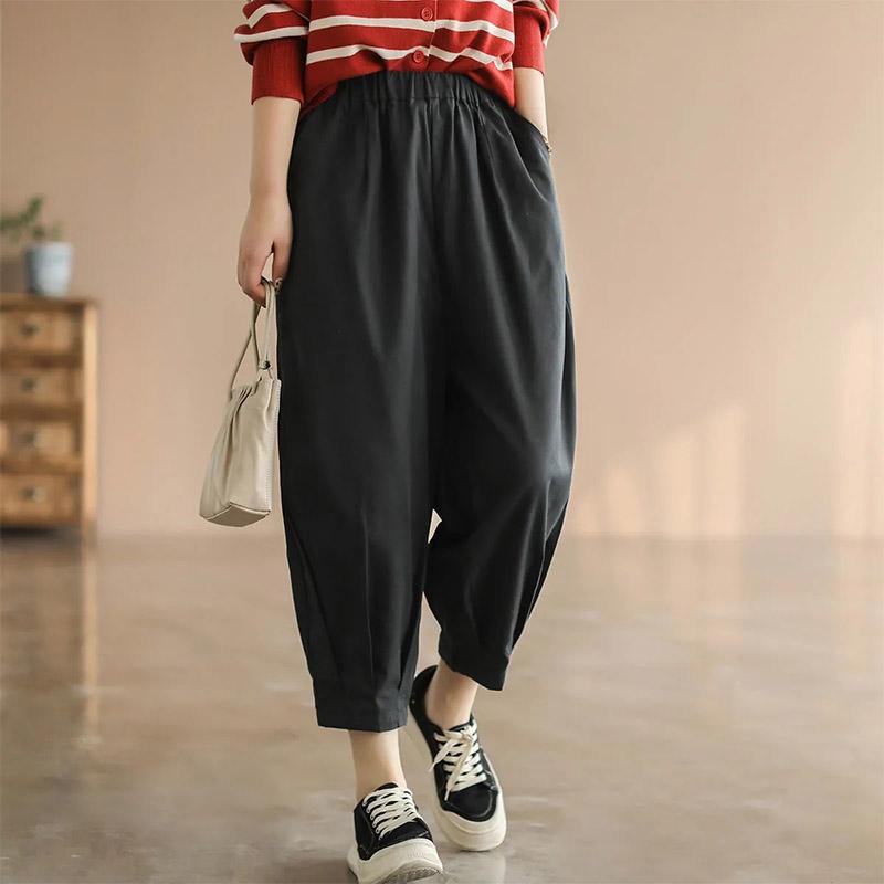 Women's Summer Loose and Thin Harem Pants Ladies Retro Solid Color Casual Pants Elastic Waist Nine-point Pants Comfortable Casual Cropped Cargo Pants