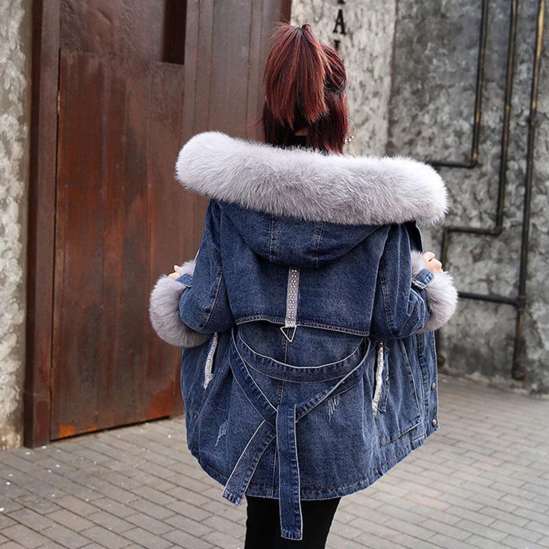 Winter Plus Velvet Thick Denim Jacket Women Loose Snow Rabbit Fur Mid-length Denim Cotton Jacket Casual Plus Size Women's Jacket