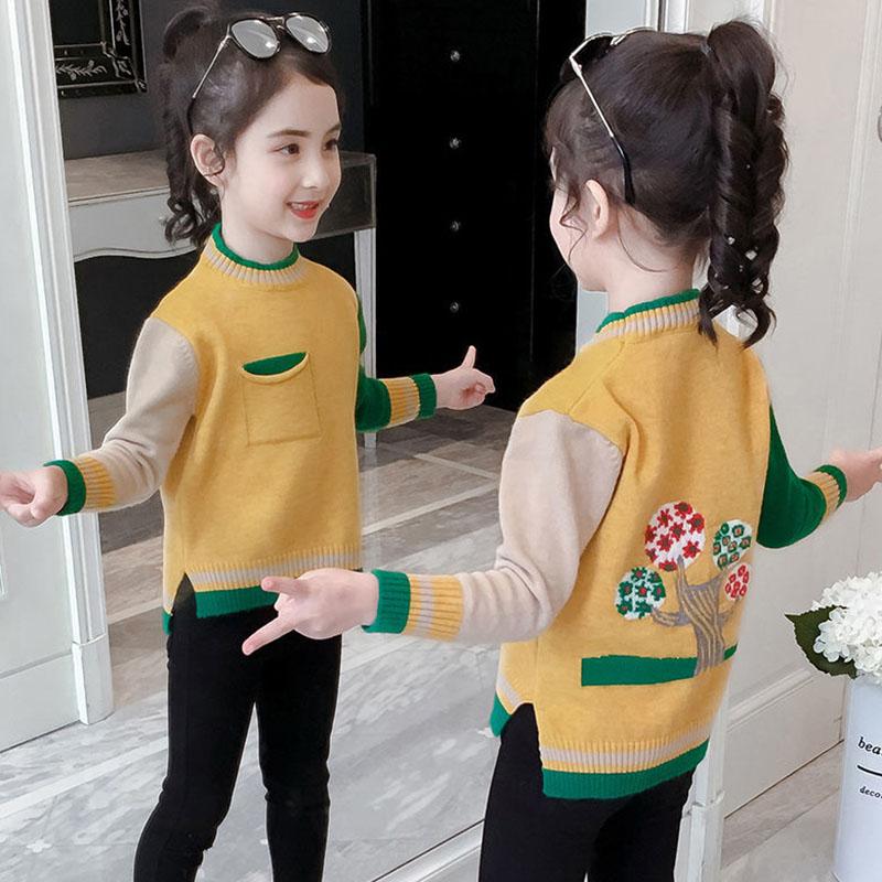 Autumn and Winter Padded Pullover Sweater for Middle and Large Children's Knitted Bottoming Shirt Color Matching Girls Top