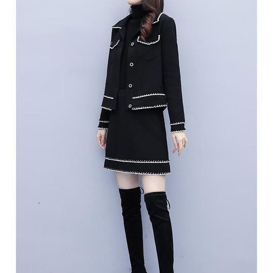 Spring and Autumn Suit Lapel Fashion Jacket Off Shoulder Color Matching Sexy Sweater Double-breasted Button Long-sleeved Top