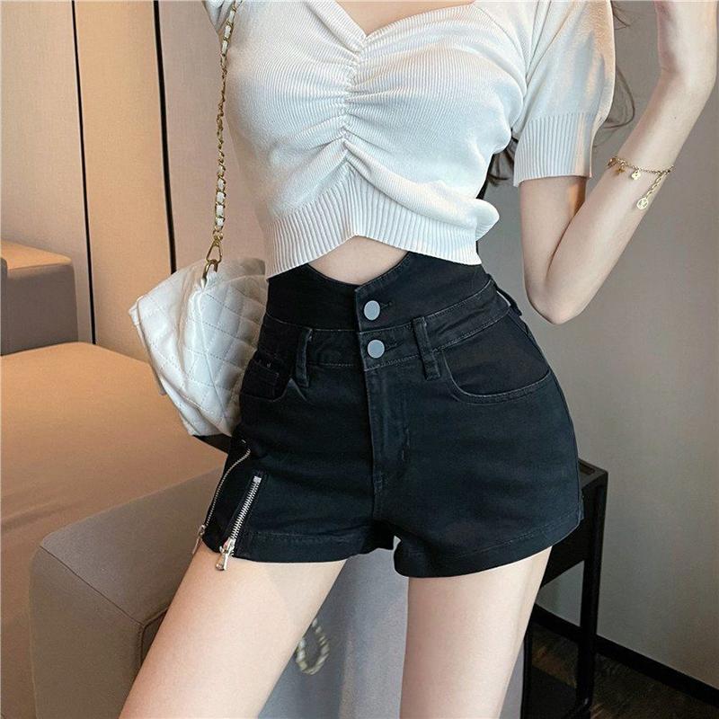WTEMPO High Waist Split Fork Zipper Denim Shorts Women Loose Spring and Summe Casual Shorts