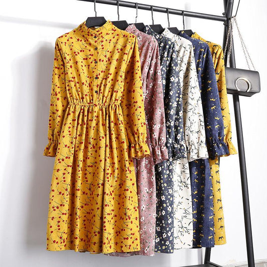 Autumn and winter stand collar floral dress long sleeves in the long section was thin floral skirt