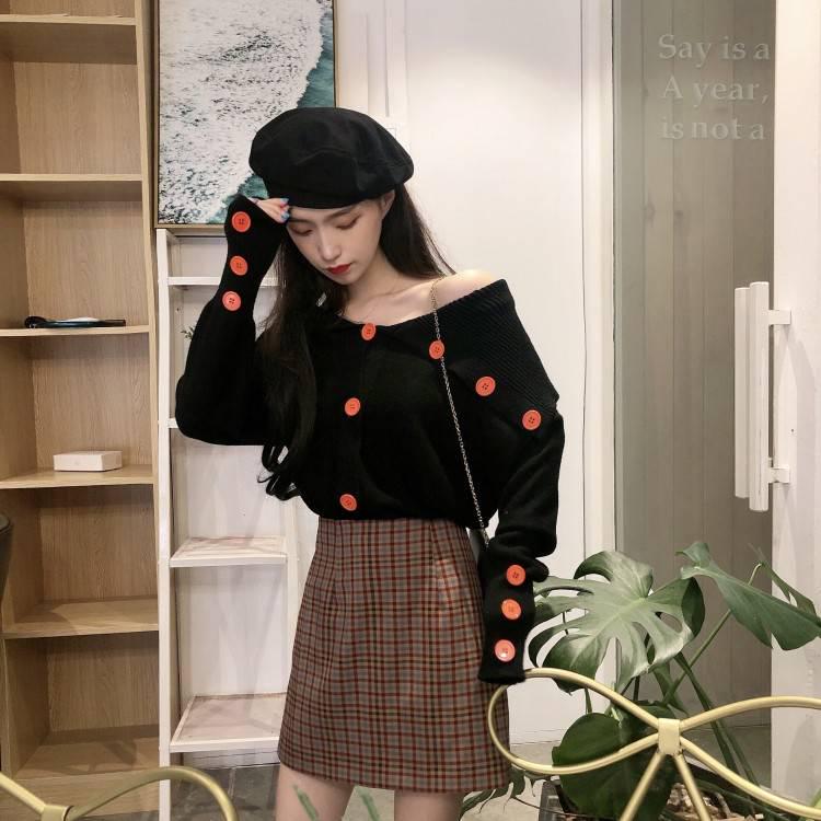 Pofulove Winter College Wind Irregular Strapless Navy Collar Loose Long Sleeve Knit Sweater