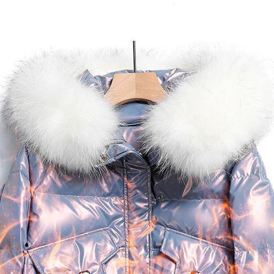 Ladies Winter Glossy Jacket Windproof and Waterproof Parka Hooded Big Fur Collar Coat Split Design Elastic Cuffs Large Size Loose Parka