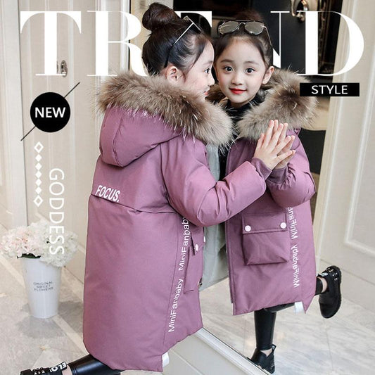 Girls' Winter Clothes Children's Clothes Fur Collar Casual Padded Jacket Cotton Jacket Medium and Long Thickening Medium and Big Children's Jacket