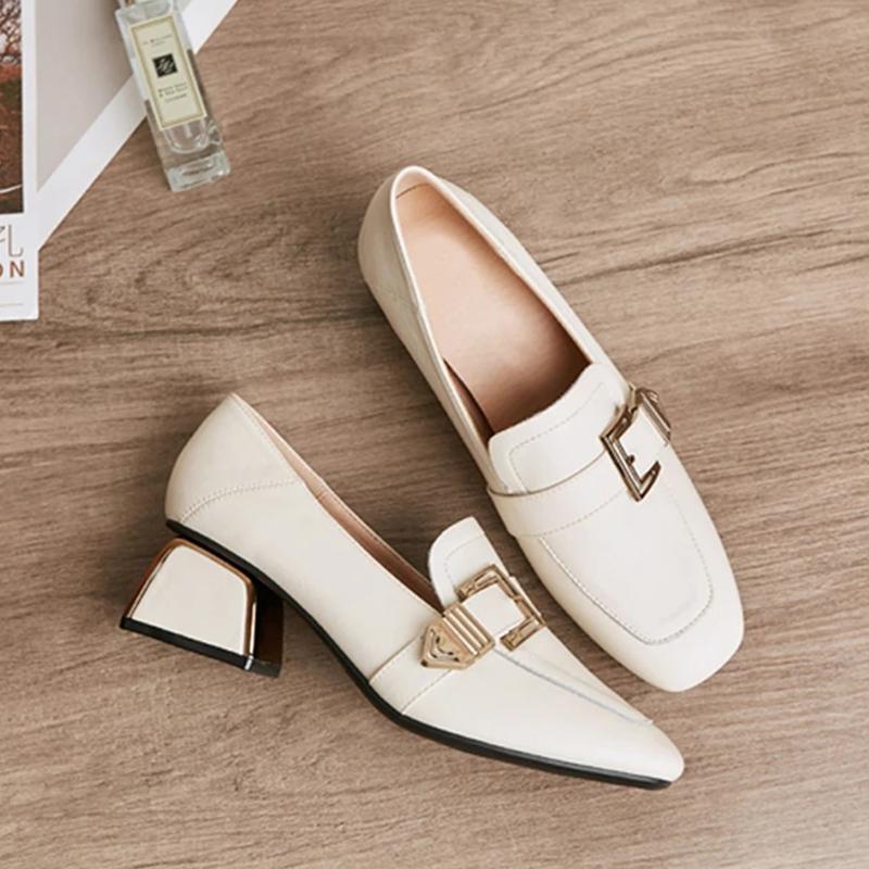 Women's Soft Surface Comfortable Square Toe Small Leather Shoes Real Cowhide Thick British Style Mid-heel Work Shoes Casual Shoes Single Shoes