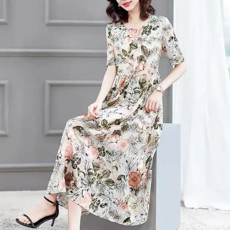 Women's Summer Plus Size Loose Long Print Dress Round Neck Slim Dress
