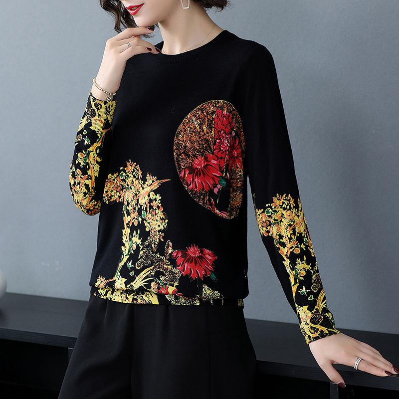 Women's High-end Cashmere Sweater Vintage Ethnic Printed Woollen Sweater  Knit Bottoming Sweater Autumn Winter Plus Size Loose Jumper