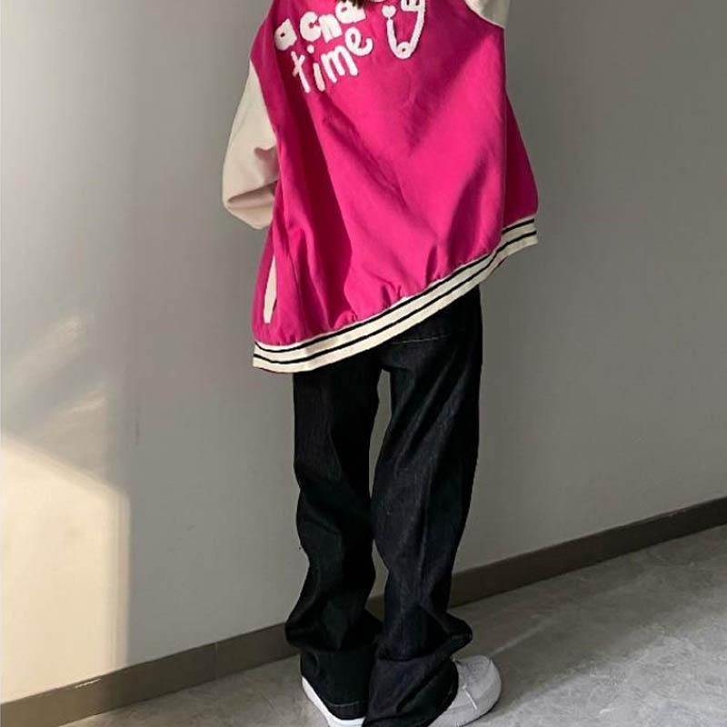 Colored Letters Embroidered Printed Jeans Female Autumn High Waist Straight Student Loose Wide Legs