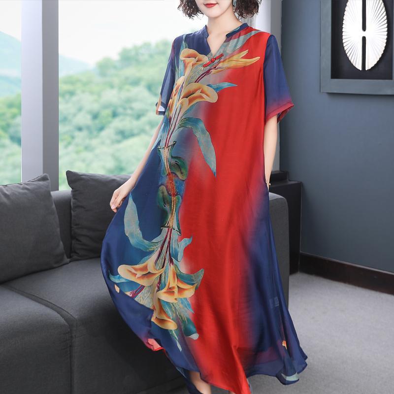 Chinese Style Cheongsam M-XXXXL Women's Summer Dress Middle-aged Short Sleeve Round Neck Printing Mid-length Daily Wear
