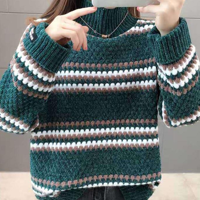 Women's Winter Large Size Versatile Striped Sweater Female Autumn Loose High Collar Long Sleeve Warm Knitted Pullover