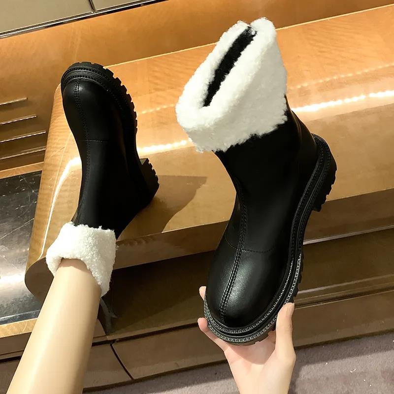 Snow Boots Women's Sheep Martin Boots Winter Plus Velvet Warm Thick-soled Boots Increased Round Toe British Short Boots