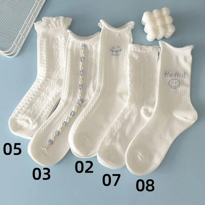 Five Pairs of White Lace Stockings Women's Korean Cartoon Jacquard Cute Stockings
