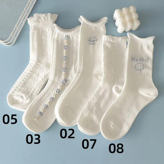 Five Pairs of White Lace Stockings Women's Korean Cartoon Jacquard Cute Stockings