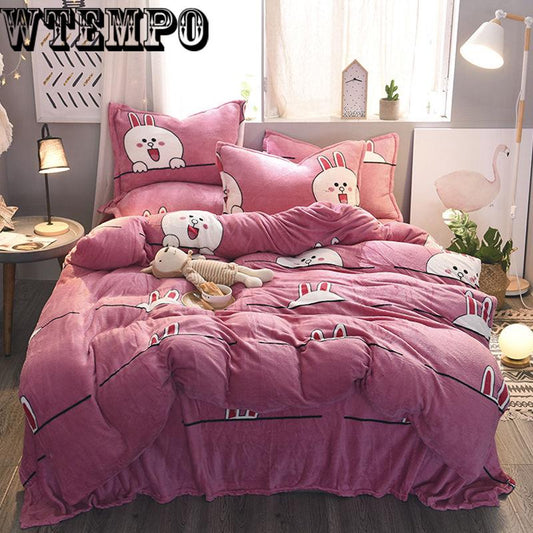 4pcs Star/cartoon Pattern Quilt Cover Warm Thick Cotton Soft Bed Sheet King Size Reactive Printing Bedspread