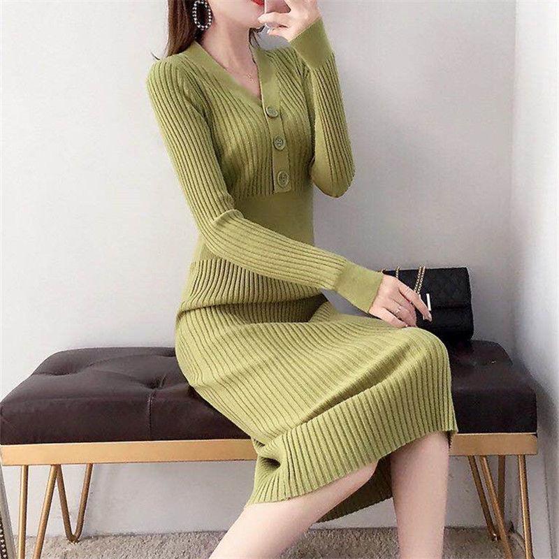 Autumn and Winter Fashion Padded Sweater Skirt Mid-length Over The Knee V-neck Knitted Dress Slim Inner Base Bag Hip Skirt