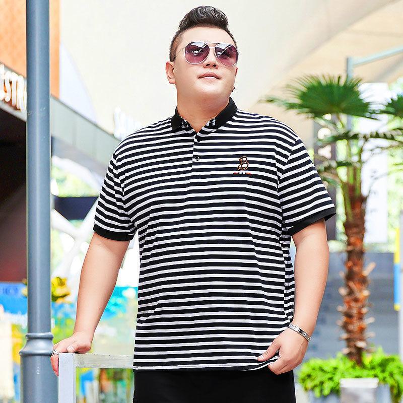 Fat Male Plus Fat Plus Size Striped Loose Short-sleeved T-shirt Fat Male Lapel Half-sleeved Polo Shirt