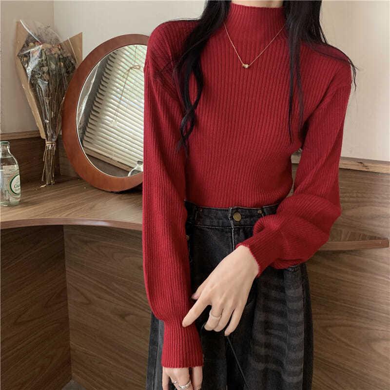 Winter Sweater Women Turtleneck Lantern Sleeve Solid Pullover Sweaters White Black Fall Fashion Knitted Tops Girl Jumpers