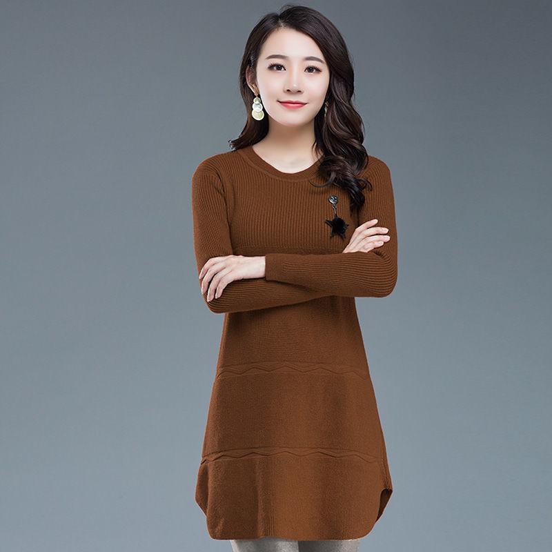 Autumn Winter Knit Casual Dress In Pure Color Long Sleeve Bottom Skirt Simple Middle-aged Women Wool Dress