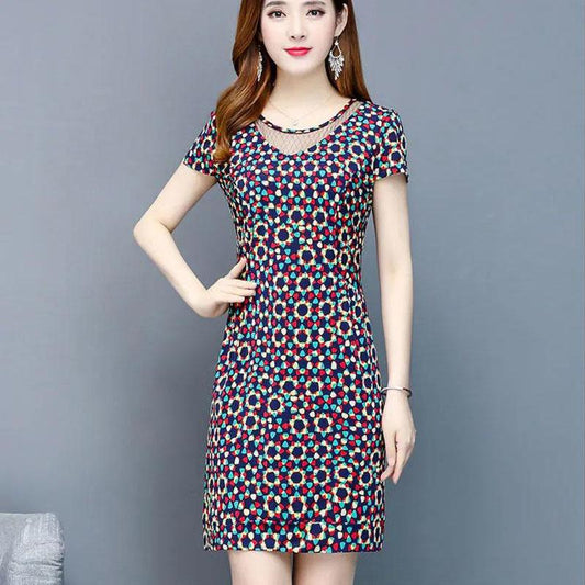 Women's Summer Dress Lace Round Neck Mid Length Short Sleeve T-Shirt Dress