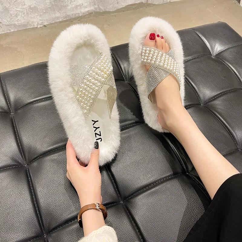 Pearl Plush Slippers Women Wear Thick-soled Non-slip One-word Cotton Mop Home Interior Floor Mop Women's Cute Cotton Slippers